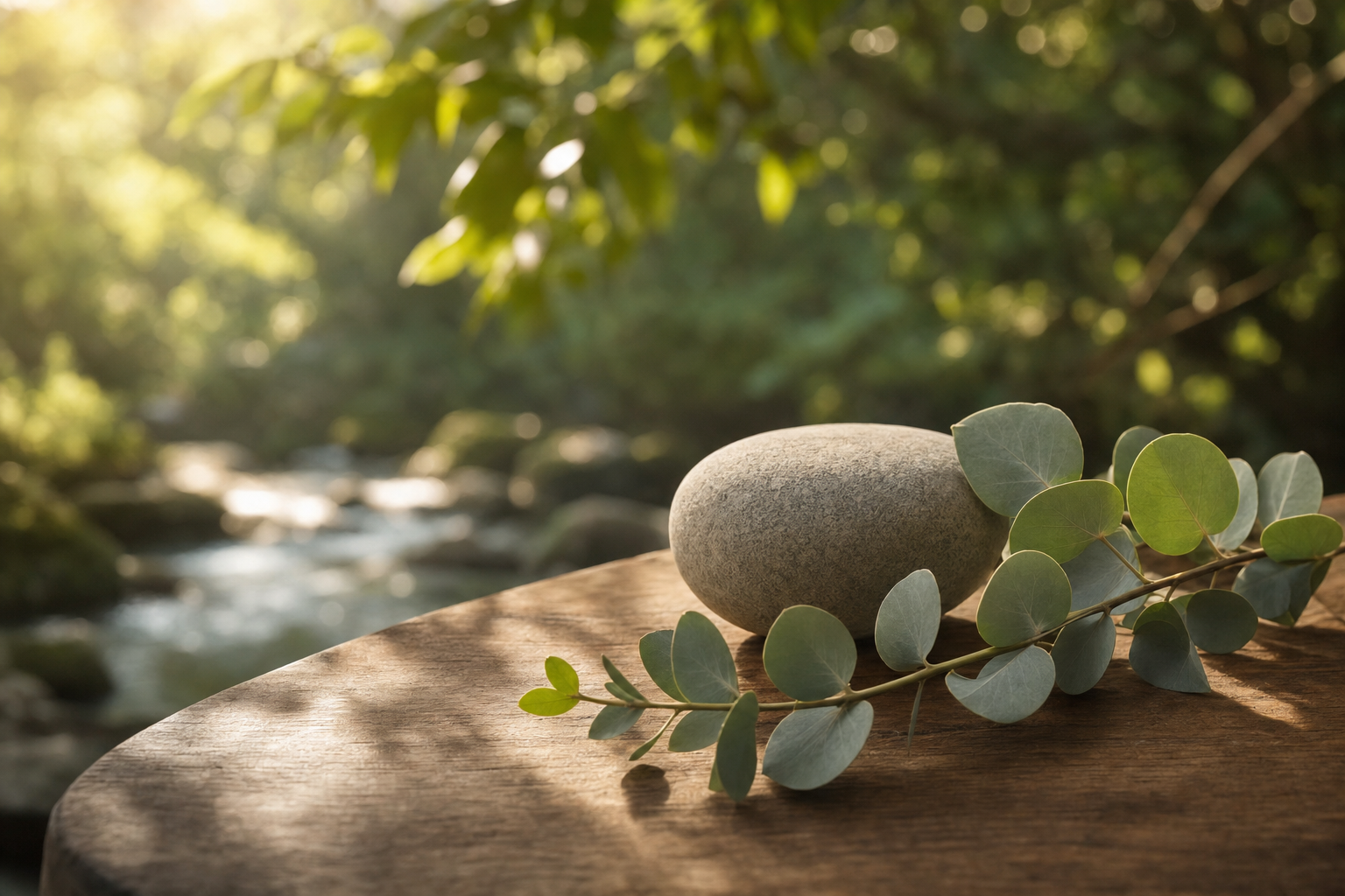 River stone and eucalyptus on warm wood with soft forest light